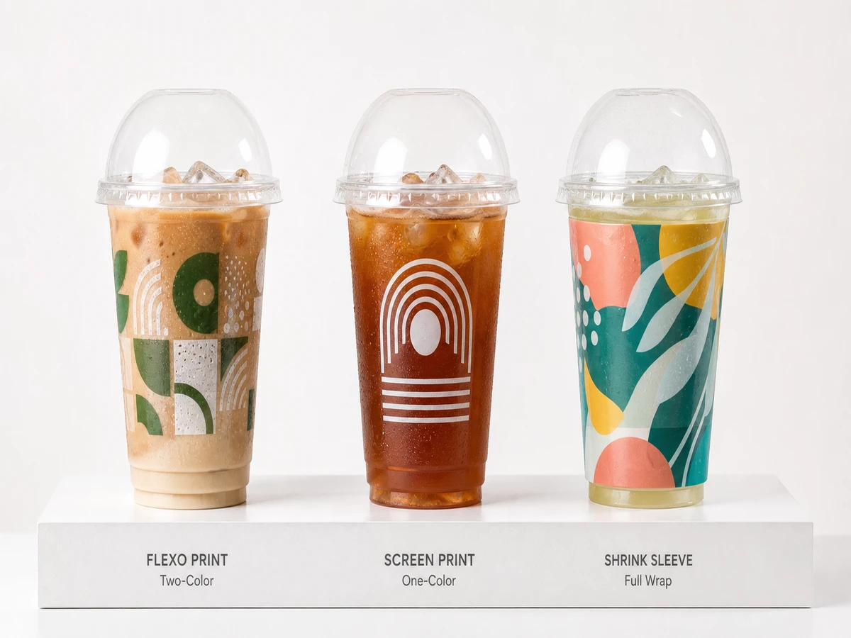 Three branded 16 oz PET cold cups showing flexo print, screen print, and shrink sleeve branding.