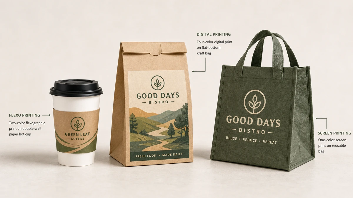 Three branded takeout packaging pieces showing flexo, digital, and screen print methods compared