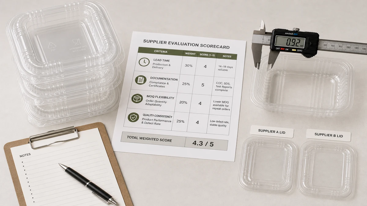 PP clamshell containers beside a supplier evaluation scorecard assessing lead time, documentation, and lid-fit quality