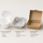 Five bulk takeout containers showing PP, foam, aluminum, kraft, and bagasse material options