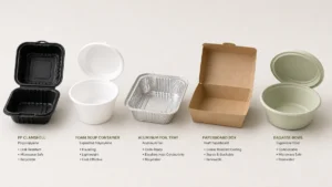 Five bulk takeout containers showing PP, foam, aluminum, kraft, and bagasse material options