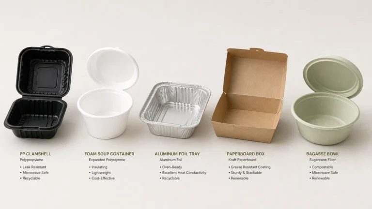 Five bulk takeout containers showing PP, foam, aluminum, kraft, and bagasse material options