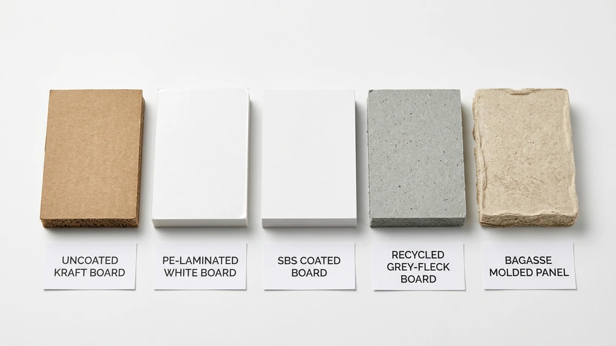 Five burger box material samples in a row comparing kraft, PE-lined board, SBS, recycled board, and bagasse cross-sections.