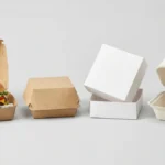 Four burger packaging box types side by side showing kraft clamshell, lined board, two-piece, and bagasse formats.
