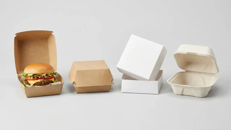 Four burger packaging box types side by side showing kraft clamshell, lined board, two-piece, and bagasse formats.