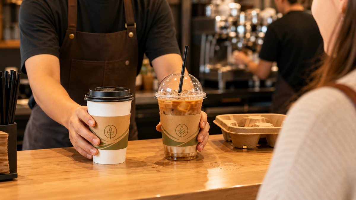 Barista placing double-wall paper hot cup and PET cold cup on a café pickup counter