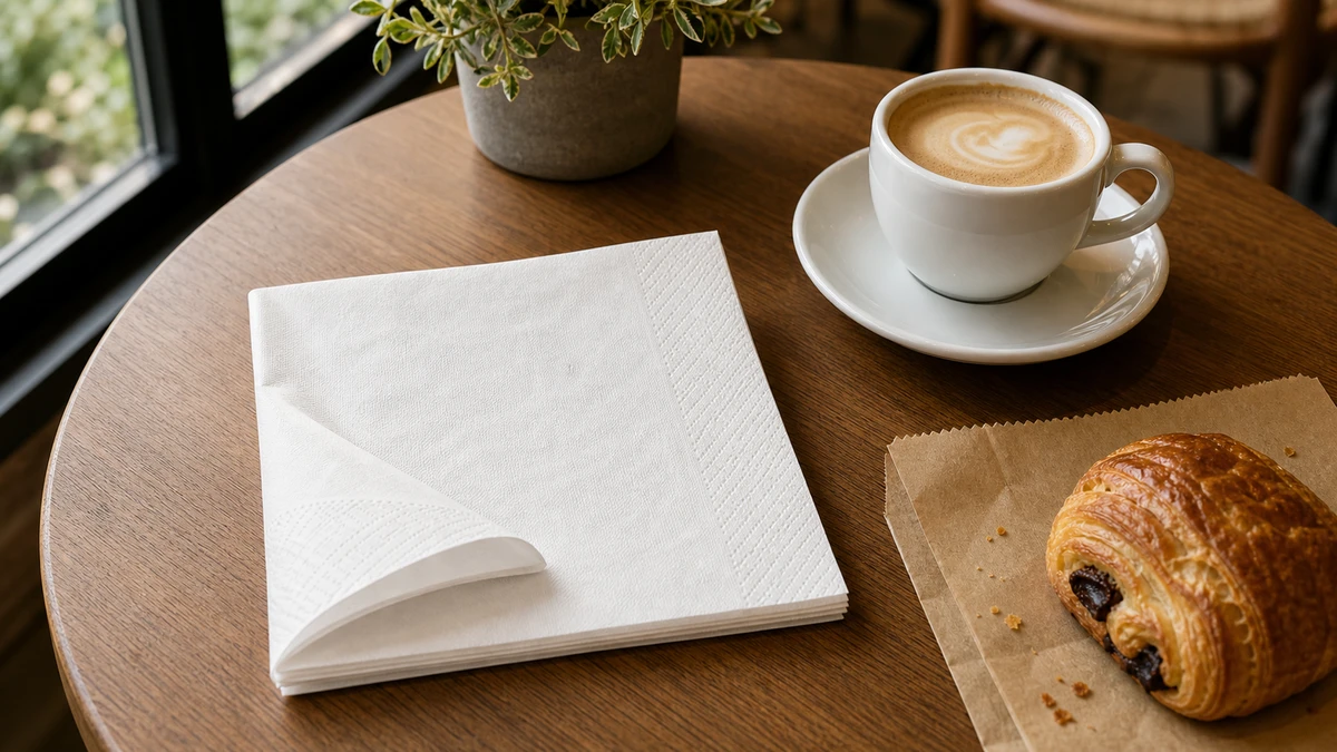 Folded white paper napkin beside a flat white coffee cup on a café table.