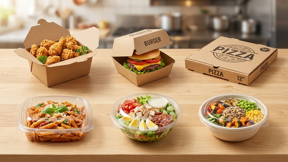 Six filled foodservice containers showing carryout boxes and takeout containers matched to specific food types on a counter.