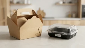 Corrugated carryout box and PP clamshell takeout container placed side by side for comparison.