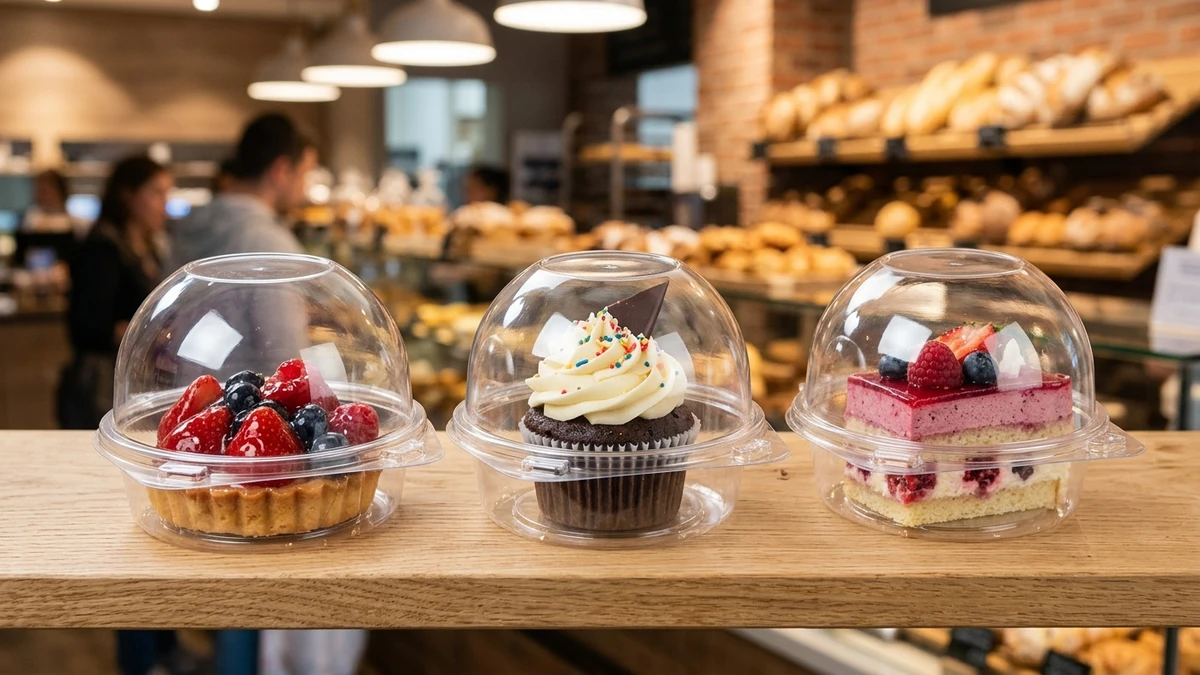 ** Three clear dome-lid clamshells on a retail shelf displaying glazed tart, cupcake, and mousse slice with full topping height preserved.