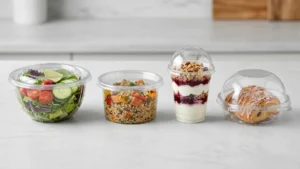 ** Four clear food containers showing PET salad bowl, PP deli cup, dessert parfait cup, and bakery clamshell dome.