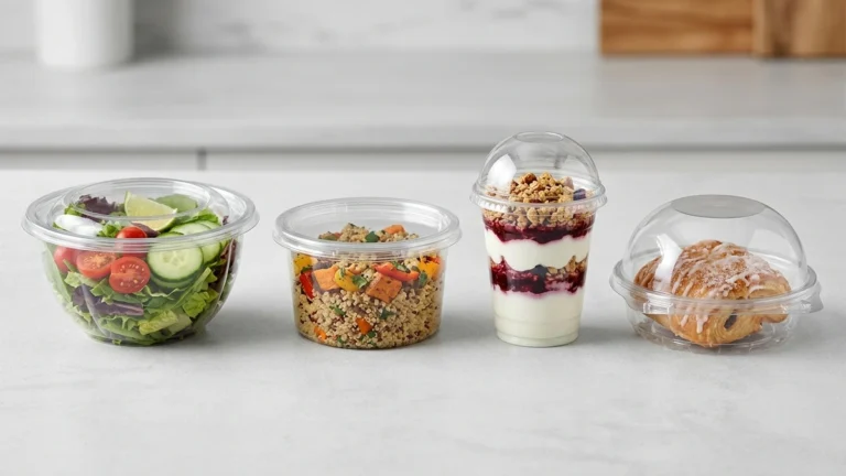 ** Four clear food containers showing PET salad bowl, PP deli cup, dessert parfait cup, and bakery clamshell dome.