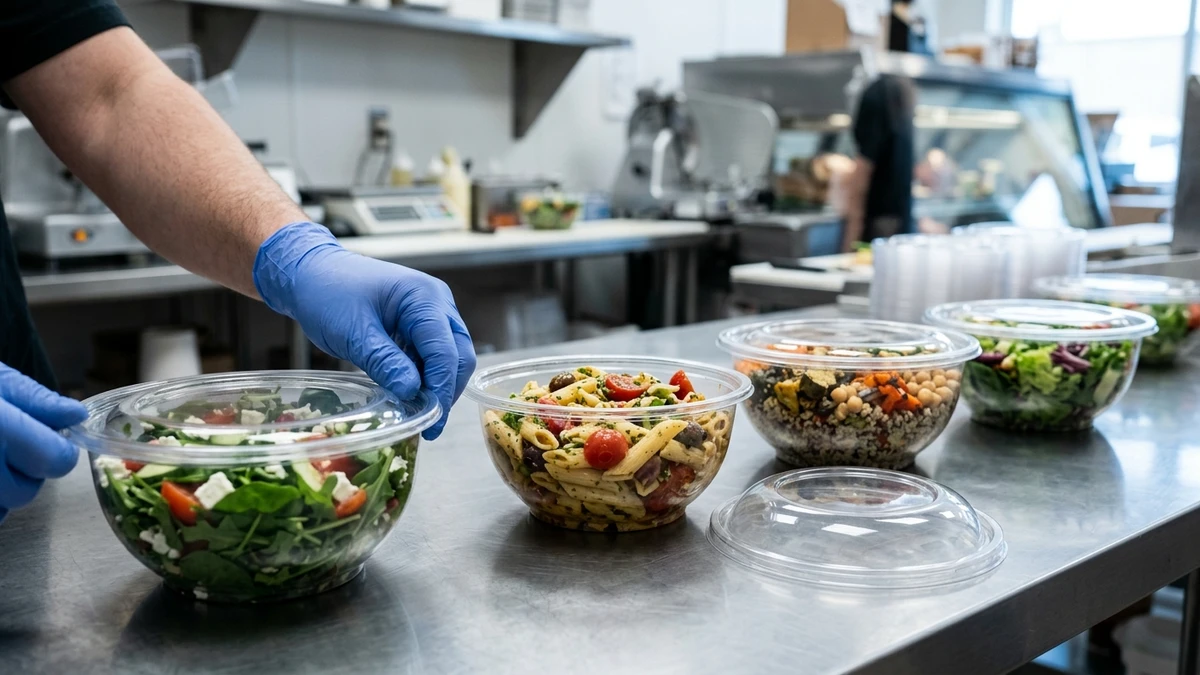 ** Clear PET salad bowls with snap lids on a deli counter, one open and one being closed by a gloved hand.