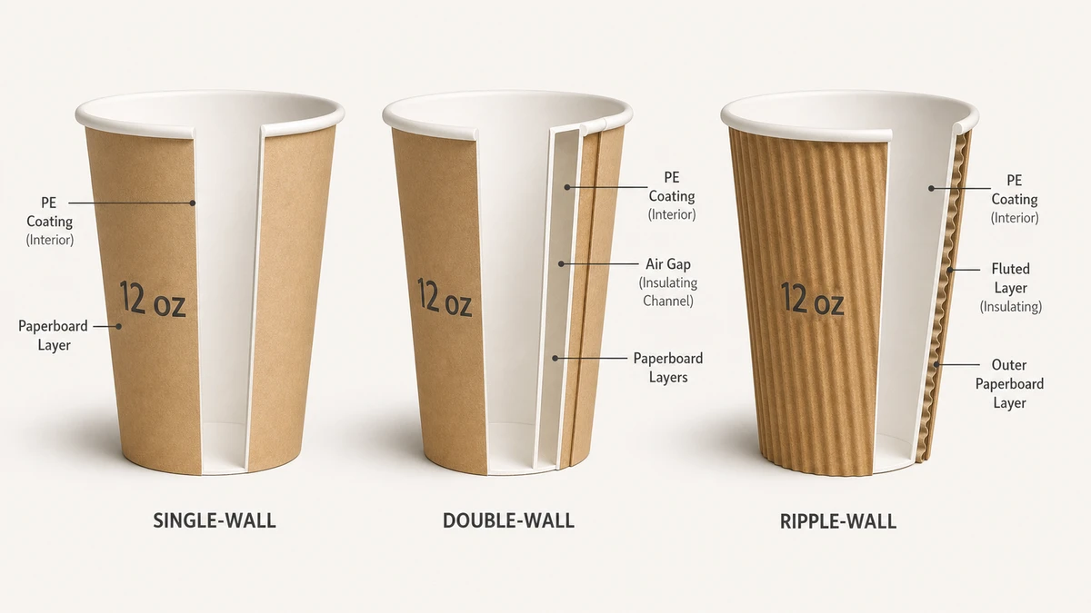 Cutaway diagram comparing single-wall, double-wall, and ripple-wall coffee cup construction layers