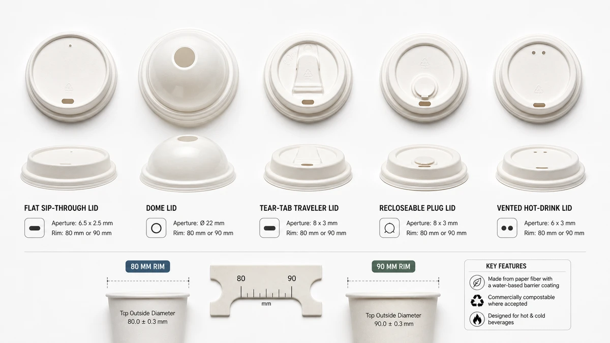 Five coffee cup lid types compared overhead—flat, dome, tear-tab, recloseable, and vented hot-drink lids.