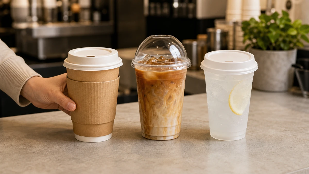 Paper, plastic, and PLA disposable coffee cups lined up on a café counter showing material and lid differences.