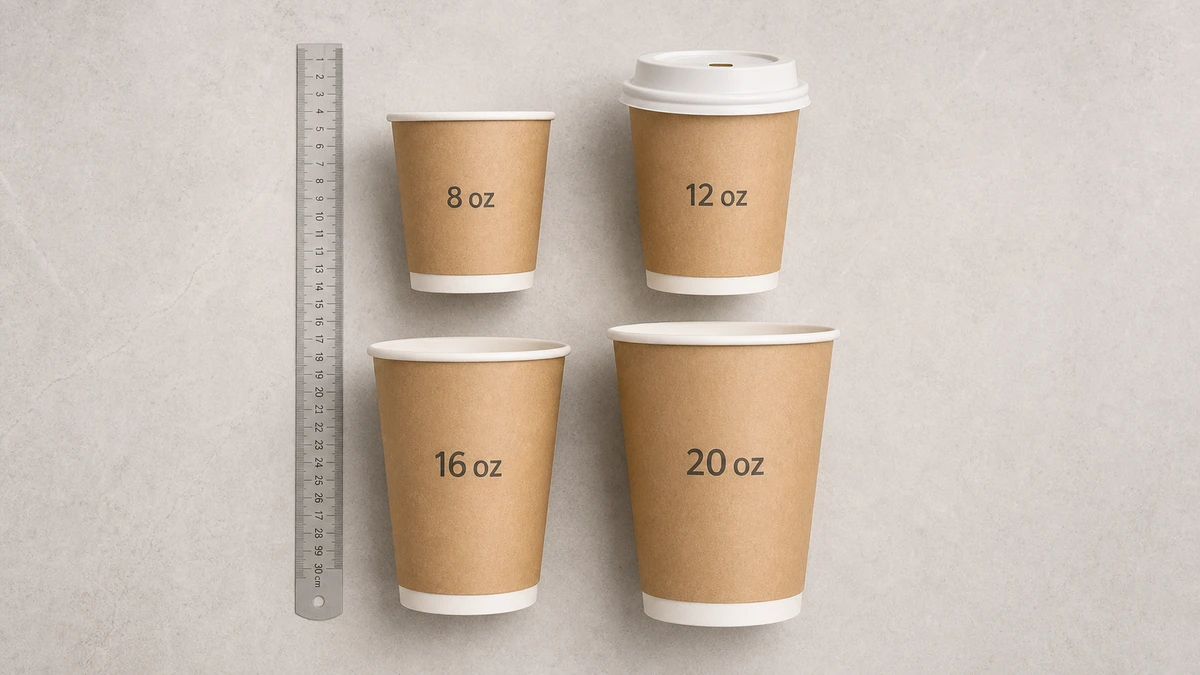 Overhead comparison of four paper coffee cups showing 8 oz, 12 oz, 16 oz, and 20 oz sizes