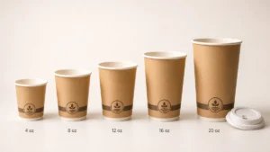 Five paper coffee cups in ascending sizes from 4 oz to 20 oz for to-go service