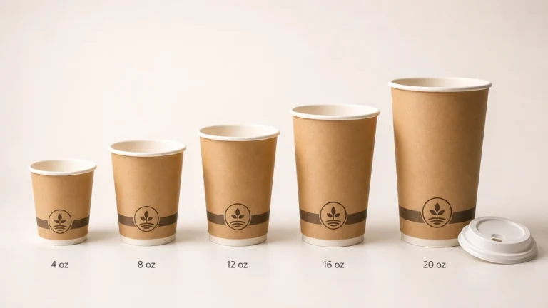Five paper coffee cups in ascending sizes from 4 oz to 20 oz for to-go service