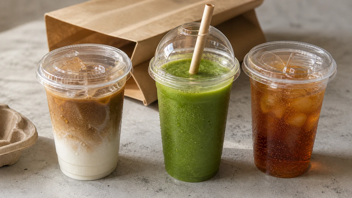 Three clear PET cold cups with different lids holding iced coffee, smoothie, and carbonated drink on a counter.