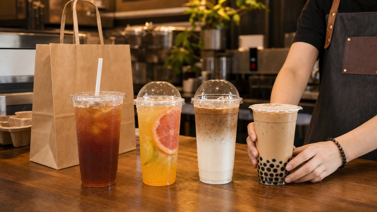 Four plastic cups with different cold drink lids on a café service counter.