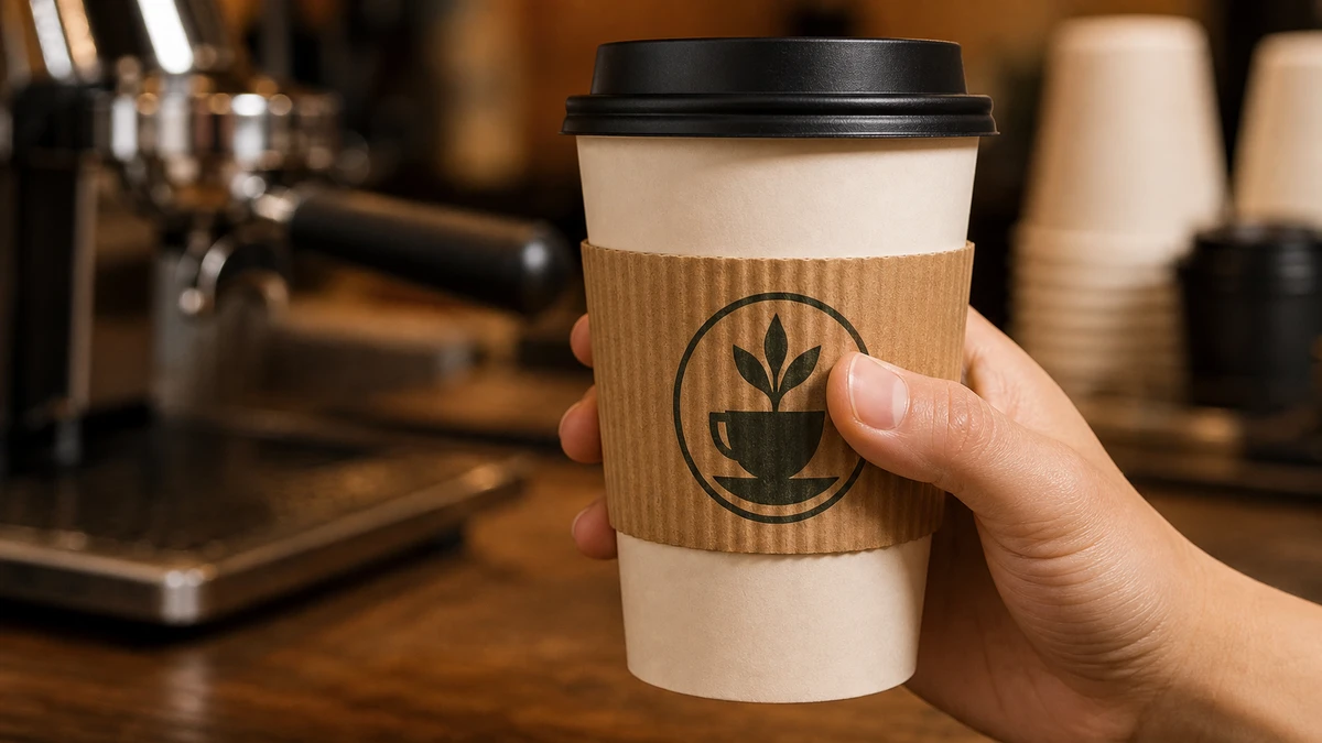 Hand gripping a branded corrugated kraft paper cup sleeve on a hot coffee takeaway cup
