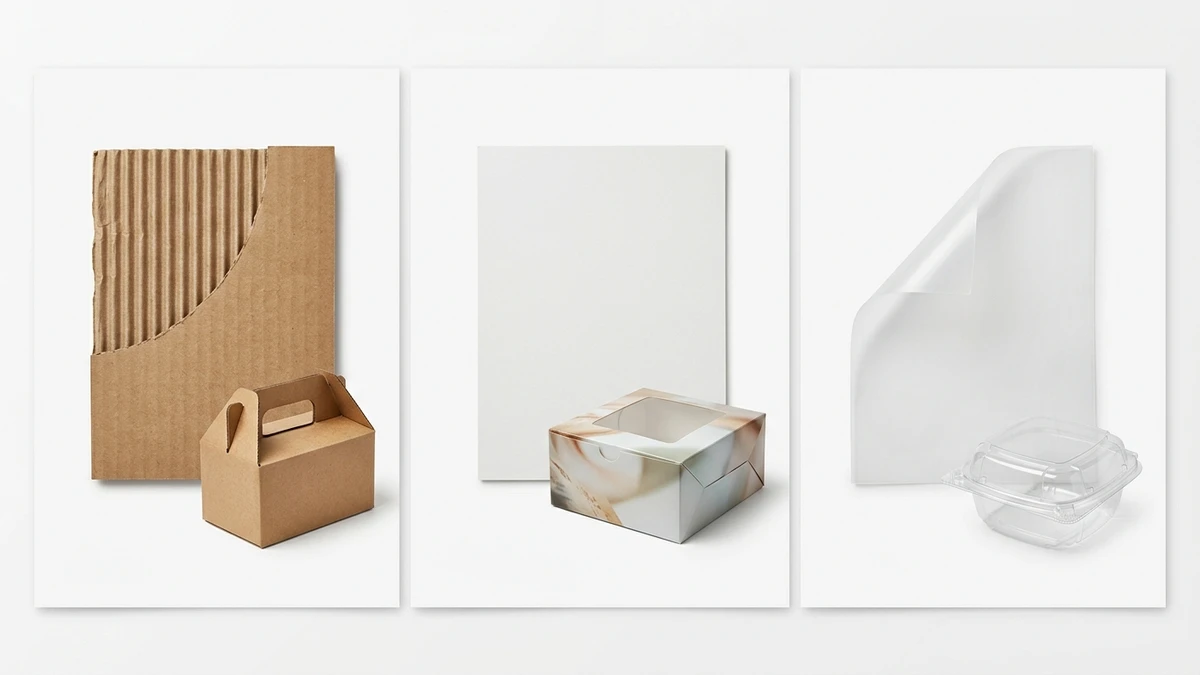 Side-by-side material comparison board showing corrugated board, SBS paperboard, and PP clamshell packaging specimens.