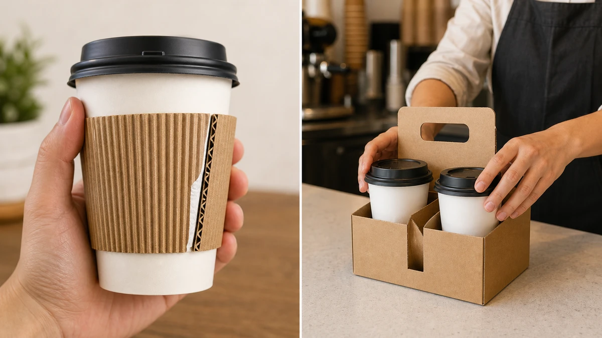 Side-by-side view of a corrugated cup sleeve and a four-cup paperboard drink carrier in café use.