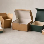 Five custom food box types arranged side by side showing paperboard kraft corrugated rigid and printed formats
