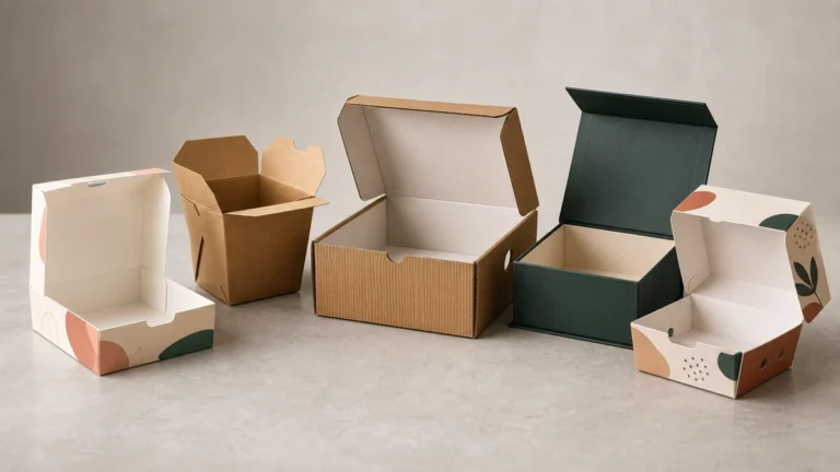 Five custom food box types arranged side by side showing paperboard kraft corrugated rigid and printed formats