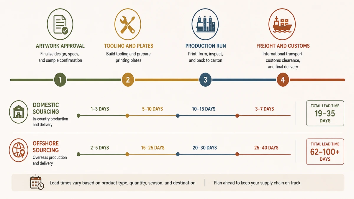 Custom food packaging lead time stages illustrated across domestic and offshore production timelines