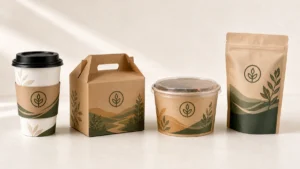 Custom food packaging supplier lineup showing printed cup, carton, bowl, and pouch formats