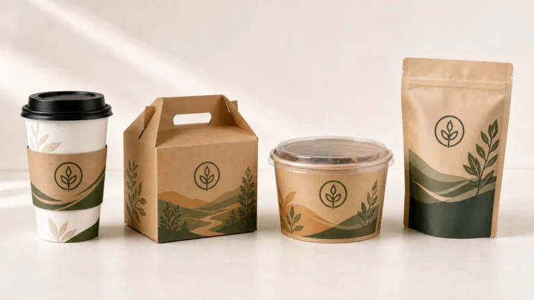 Custom food packaging supplier lineup showing printed cup, carton, bowl, and pouch formats