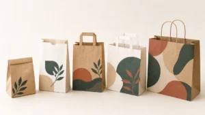 Five custom kraft paper bags with logo, ranging from small pastry to large retail carry bag.
