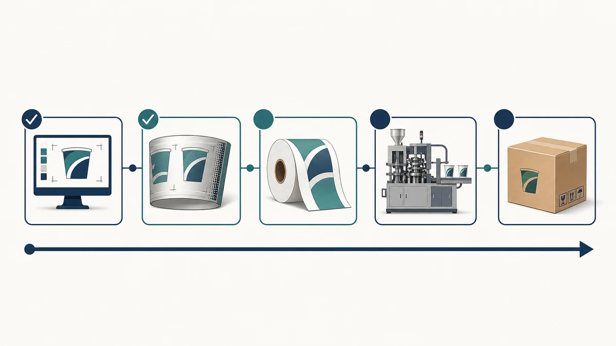Five-stage production timeline for custom printed paper cups from artwork approval to dispatch.