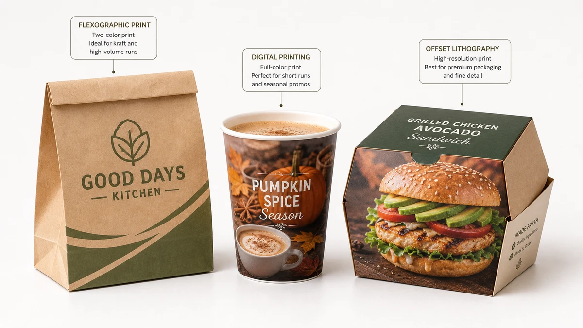 Three restaurant packaging items comparing flexographic, digital, and offset print methods side by side