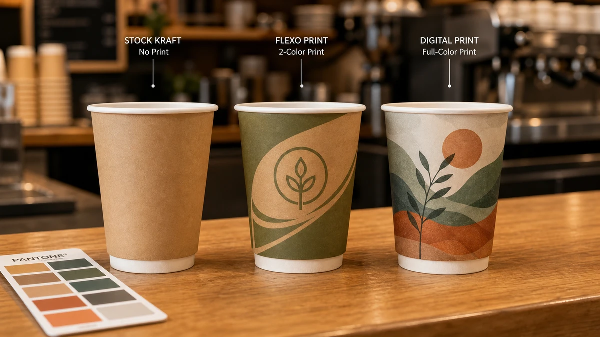 Three paper cups on café counter comparing unprinted stock, flexographic two-color print, and digital full-color custom branding options.