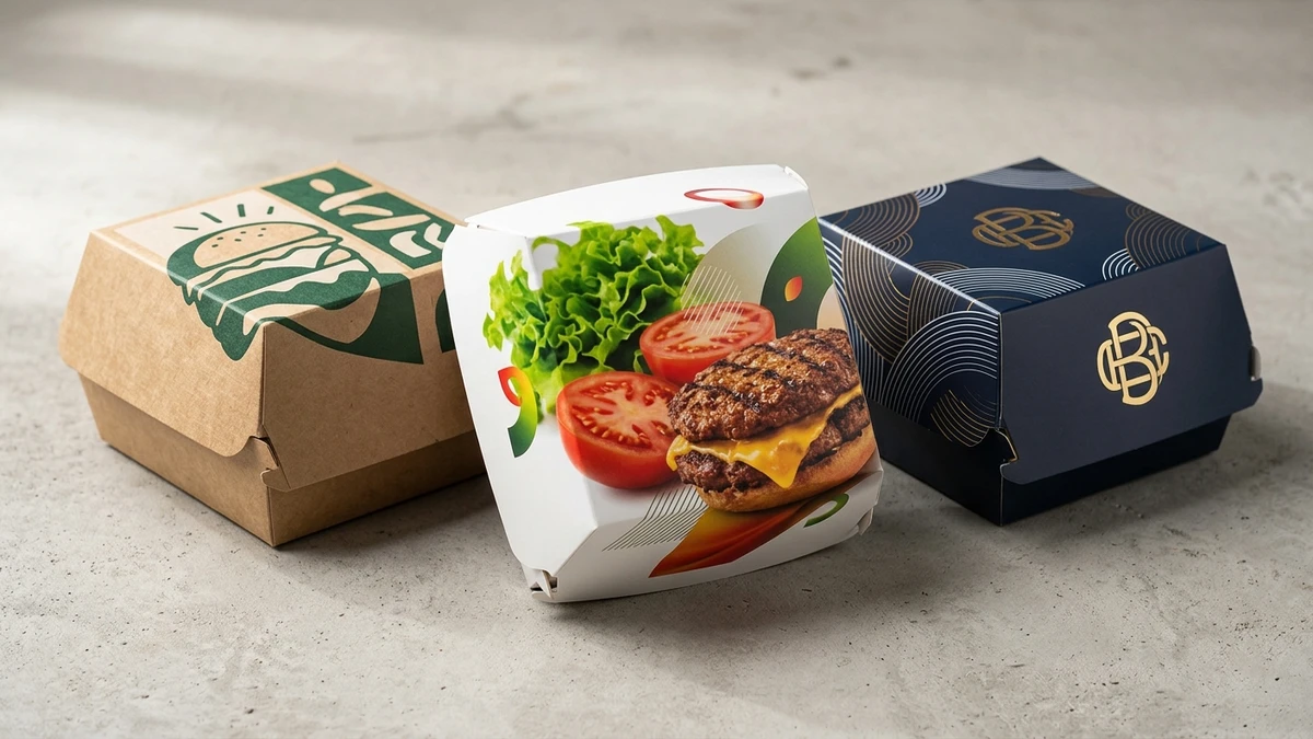 Three custom-printed burger boxes showing flexo kraft, digital full-colour, and premium offset litho branding finishes compared.