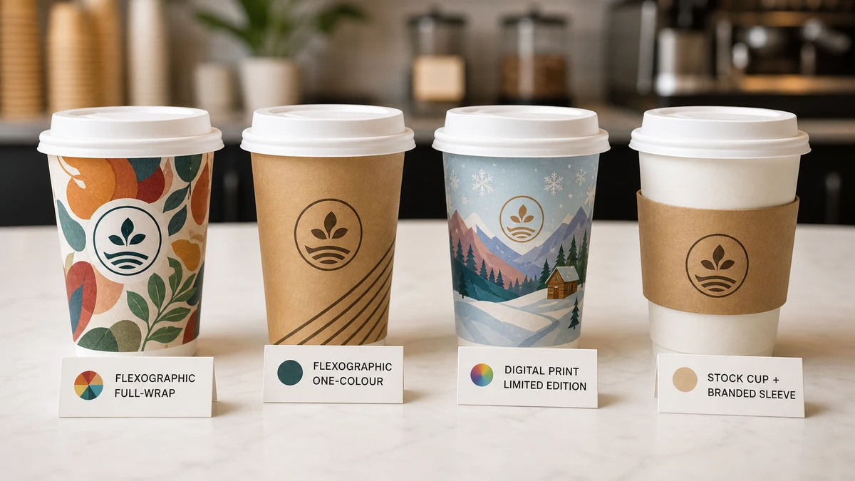 Four custom printed paper cups with lids showing flexographic, single-colour, digital, and sleeved branding options.