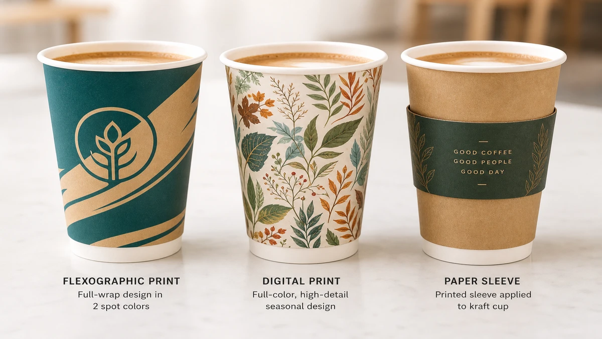 Three branded disposable paper cups showing flexographic print digital print and printed sleeve options