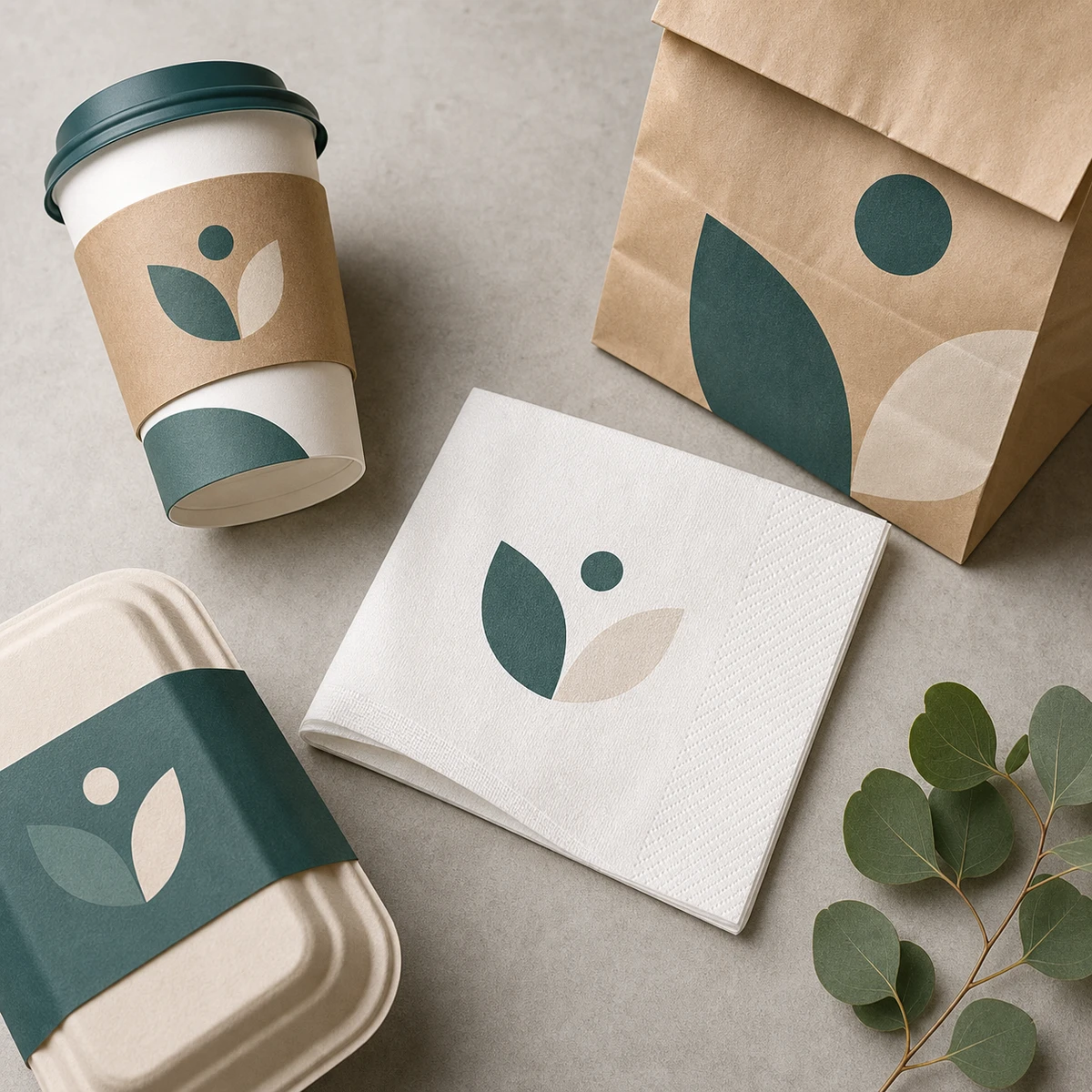 Custom-printed paper napkin alongside matching café cups, bags, and containers in a coordinated packaging flat-lay.