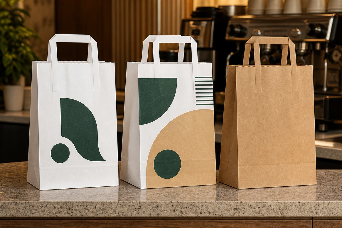Three wholesale paper bags on a café counter showing unprinted kraft, single-colour, and two-colour custom print options.