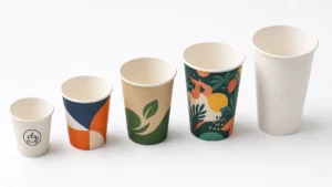 Five custom printed paper cups in graduating sizes showing varied brand graphic wraps.