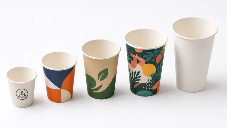Five custom printed paper cups in graduating sizes showing varied brand graphic wraps.