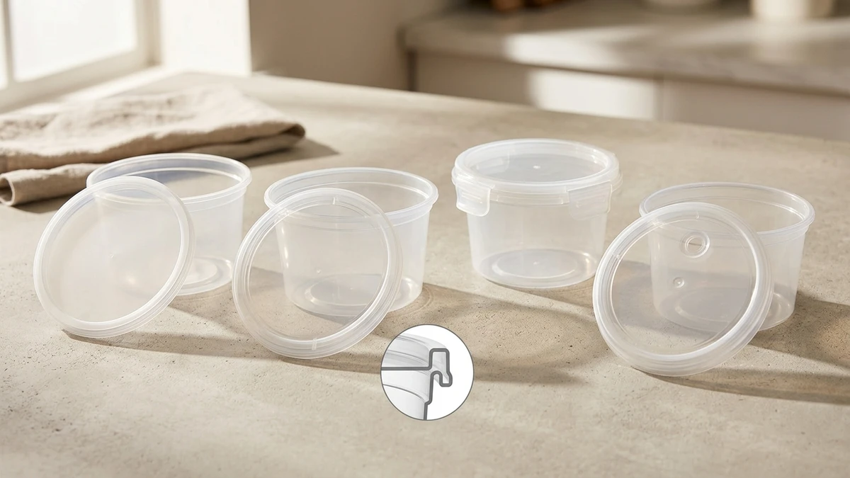 Four deli container lid types — press-on, snap-on, tab-lock, and vented — displayed beside matching containers