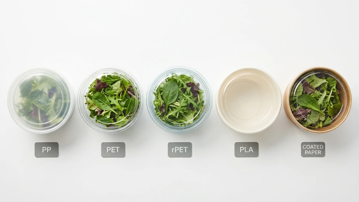 Side-by-side comparison of PP, PET, rPET, PLA, and paper deli containers showing clarity and colour differences