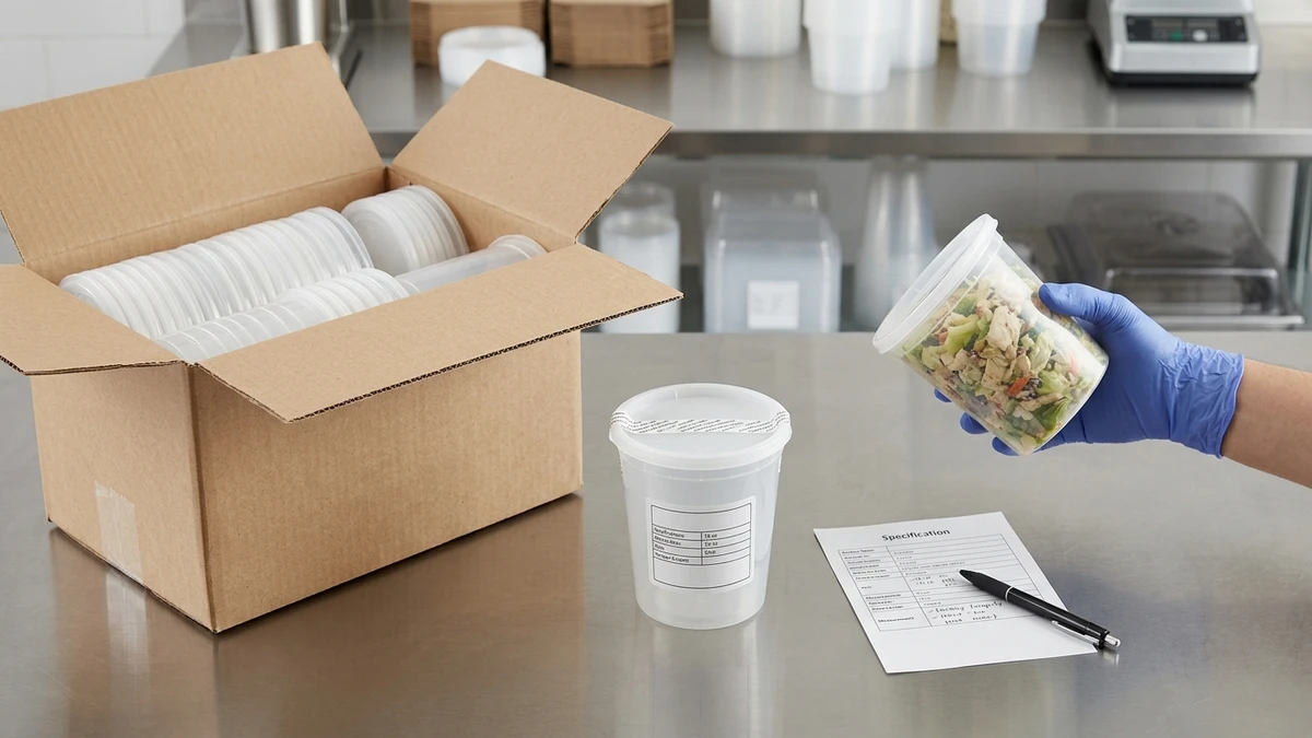 Open carton of nested deli containers beside a sealed labelled unit and spec sheet on a warehouse counter