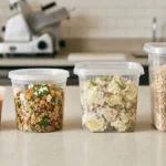 Four sizes of deli containers with lids filled with prepared deli foods on neutral background