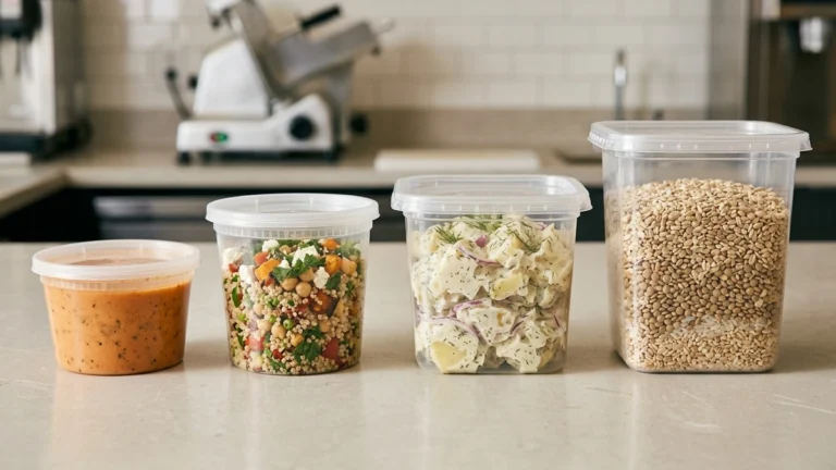 Four sizes of deli containers with lids filled with prepared deli foods on neutral background