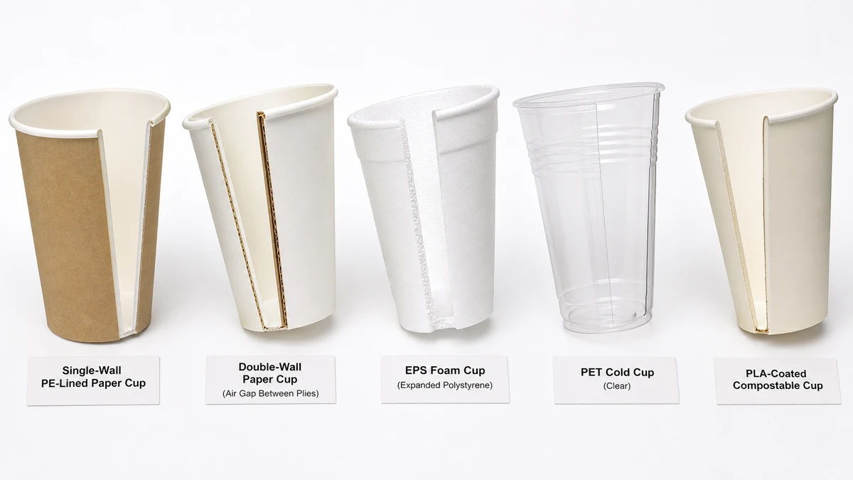 Five cup material cross-sections comparing paper, foam, PET plastic, and PLA compostable cup walls.